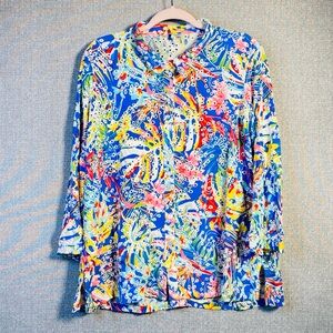 John Mark XL Multicolor Floral Embroidered Eyelet Roll Tab Sleeve Button Down